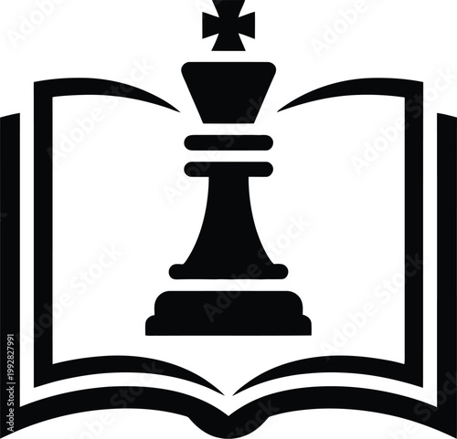 Chess king on open book icon representing learning strategy, education concept, knowledge leadership, chess training, intelligence development, academic success symbol, minimalist black silhouette iso
