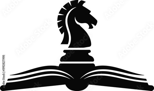 Chess knight on open book icon representing learning strategy, education concept, knowledge growth, chess training, study and intelligence symbol, academic success, minimalist black silhouette isolate