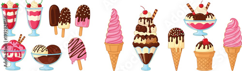 Colorful ice cream collection with cones, sundaes, popsicles and soft serve desserts, sweet summer treats vector illustration for menu and cafe design