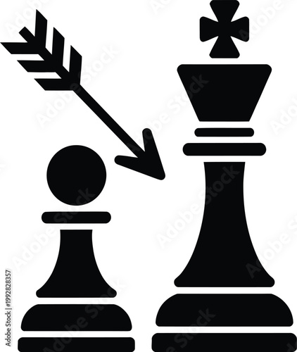Creative black vector graphic showing a small pawn piece threatening a king piece with a directional arrow, depicting a clever strategy, unexpected move, and the ultimate checkmate in a chess match