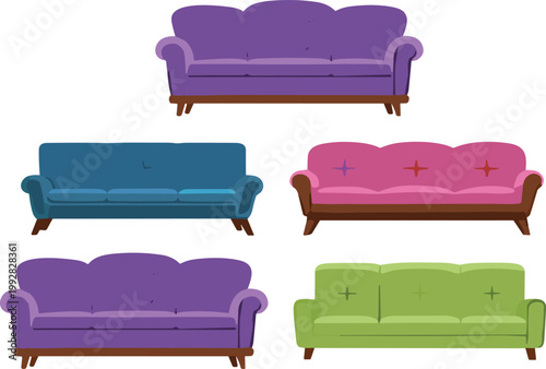 Colorful sofa and couch collection with modern furniture designs, flat vector illustration set for interior living room decor, home styling and furnishing projects