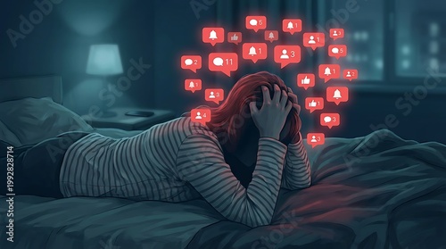 Woman lying in bed at night distressed by overwhelming social media notifications, red icons of likes messages and alerts forming a cloud above her head.
