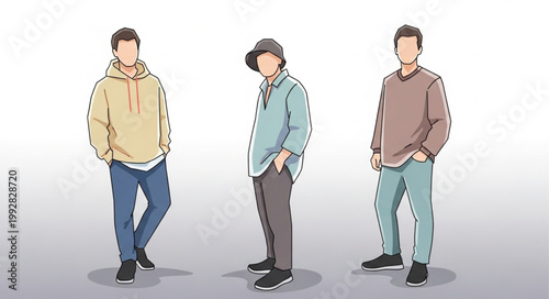 Three young men in fashionable casual streetwear outfits.