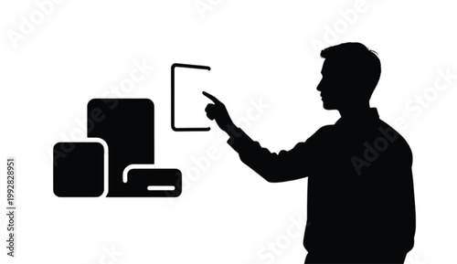 Human interacting with artificial intelligence silhouette scene featuring person using smart system digital assistant interaction and modern AI technology engagement composition for futuristic busines