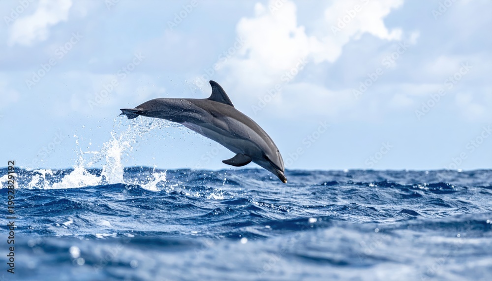 Naklejka premium A playful dolphin leaps majestically from the blue ocean waves, its body arcing gracefully against a cloudy sky.