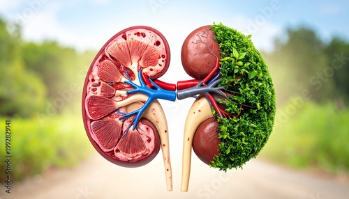 A kidney split into two halves—one lush green tree, the other anatomical organ—symbolizing nature, biology, and vitality.