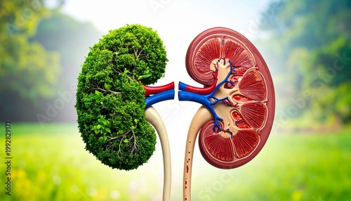 A kidney split into two halves—one lush green tree, the other anatomical organ—symbolizing nature, biology, and vitality.