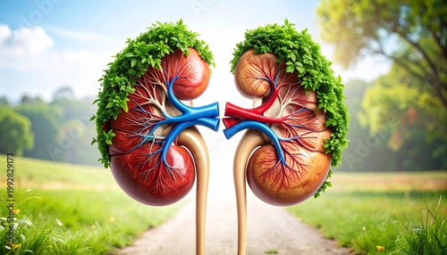 A kidney split into two halves—one lush green tree, the other anatomical organ—symbolizing nature, biology, and vitality.