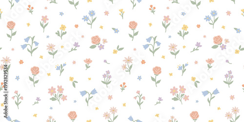 Seamless ditsy floral pattern with small pastel flowers, roses, daisies and tiny blossoms on white background. Minimal cute textile print, feminine and girly aesthetic perfect for fabric.