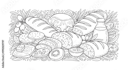 Black and white line of a bountiful assortment of bread olives and cheese bottle