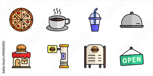 Fast food restaurant experience color line icon set pizza coffee tray drink storefront drive thru menu vector illustration