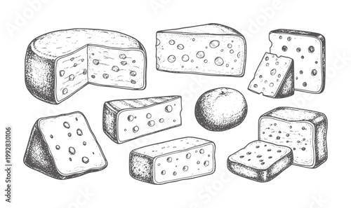 Hand drawn assortment of cheese wedges and a whole cheese wheel food dairy vintage