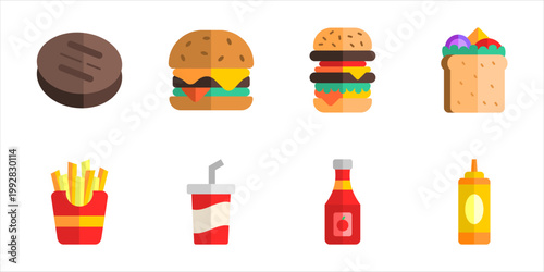 Classic burger combo fast food icon vector set cheeseburger sandwich fries soda ketchup mustard meal menu illustration