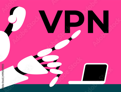 VPN security concept with robot hand and laptop in minimal flat style. Ideal for cybersecurity, data protection, privacy, and internet security design.