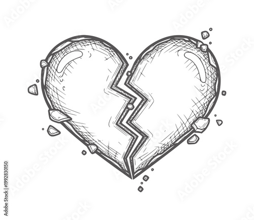 Hand drawn broken heart with cracks and fragments cracked love sadness