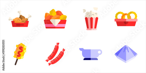 Fried snack side menu icon vector set fried chicken nugget popcorn onion rings sausage corn dog sauce napkin illustration