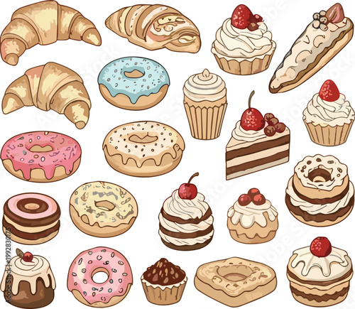 Hand drawn bakery dessert collection with donuts, croissants, cupcakes and cakes, sweet pastry illustration set for cafe menu, food branding and confectionery design