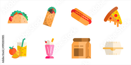 Street food takeaway icon vector set taco burrito hotdog pizza slice milkshake juice box paper bag illustration