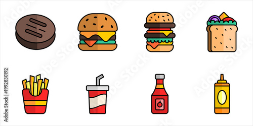 Classic burger combo color line icon set cheeseburger fries soda sandwich ketchup mustard meal vector illustration