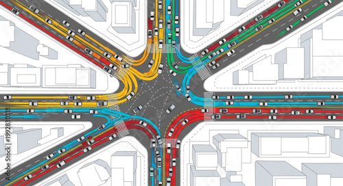 Aerial view of a complex traffic intersection with colorful lanes and many cars.