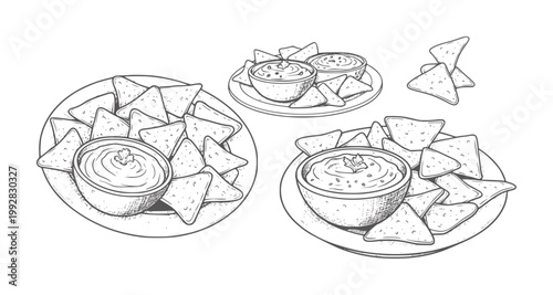 Hand drawn nachos and dip plates with a small pile of chips bowl