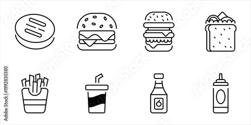 Classic burger combo icon line set cheeseburger double burger fries soda sandwich sauce bottle outline vector illustration