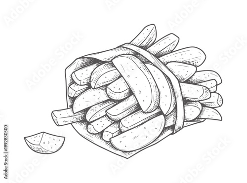Hand drawn of potato wedges in paper cone with lemon slice fries french food