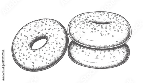 Hand drawn of three sesame seed bagels stacked and white food baking