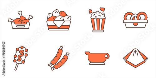 Side snack menu icon line set fried chicken nugget popcorn onion rings sausage sauce napkin outline vector illustration