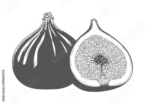 Of a whole fig and a halved fig showing seeds fruit food