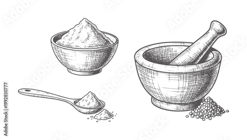 Of mortar and pestle with spices in bowls and spoon powder