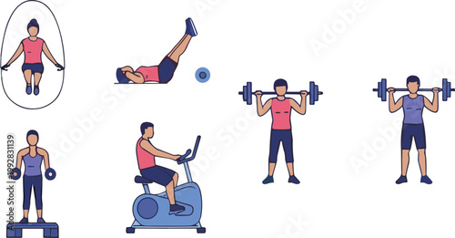 Men and women doing fitness exercises with gym equipment, cardio and strength workout poses, healthy lifestyle vector illustration set for sport training design