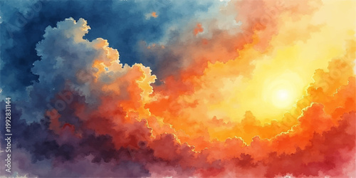 An abstract cloudscape of fire in the sky captures a beautiful nature sunrise with vibrant orange and red sunlight glowing through dark cloudy layers at dusk