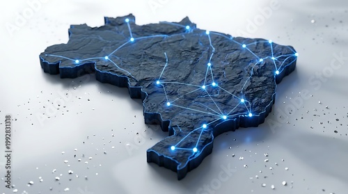 Brazil map outline connected by glowing blue lines and nodes, representing digital network infrastructure across South American country, dark textured surface background.