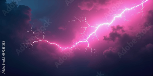 A bright blue electric bolt of power flashes through the dark night sky as a dangerous lightning strike illuminates the storm clouds during a powerful nature thunderstorm