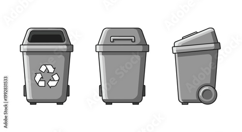 Three illustrative views of a grey wheeled recycling bin showing open-lid front closed-lid front with symbol and side on a white ground.