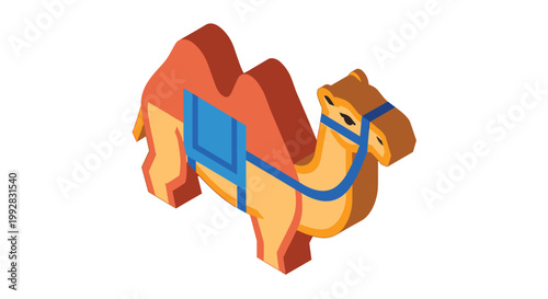 An isometric cartoon illustration portrays a brown camel with two distinct humps and a vibrant blue saddle on its back presented on a white background.