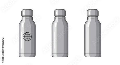 Three identical silver metal water bottles with matching caps are arranged in a row with the leftmost bottle featuring a subtle globe emblem on its surface.