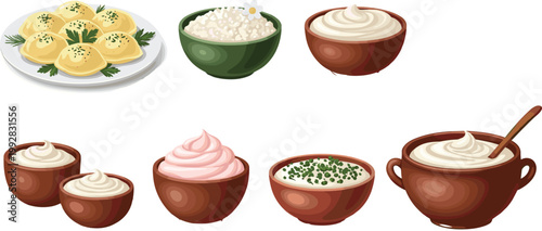 Set of Cream, Cottage Cheese, Sour Cream, and Dumplings in Bowls for Food Design, Dairy Products Illustration, Traditional Cuisine, and Cooking Graphics
