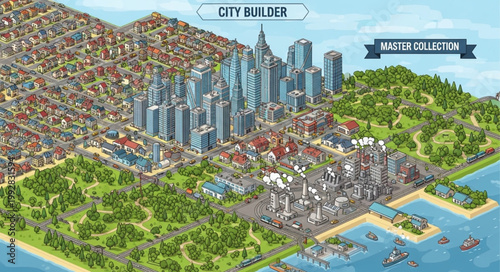Isometric City Builder Game Scene With Buildings and Nature.