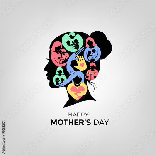 Creative mothers day concept featuring woman head silhouette filled with colorful icons of mothers caring for children and babies representing diversity and love in modern flat style.