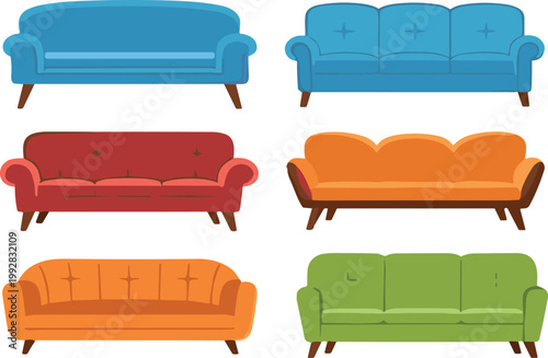 Sofa and couch collection with modern furniture designs in different colors, flat vector illustration set for interior, living room decor and home furnishing projects