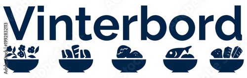 Vinterbord Scandinavian winter table icons, dark blue minimalist food bowls set, Nordic dining and seafood buffet graphic elements