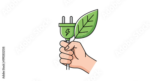 A human hand tightly grips a green electrical plug with a lightning bolt symbol accompanied by a large green leaf set against a pristine white background.