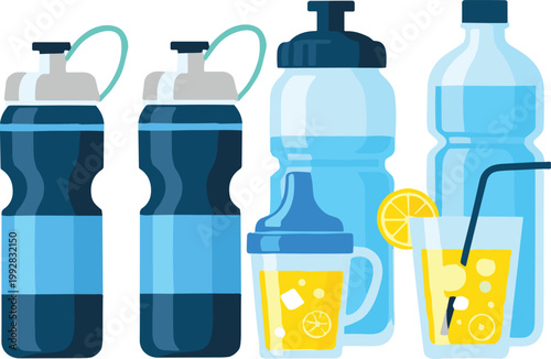 Sports water bottles and refreshing drinks collection with reusable containers, juice glasses and hydration concept in flat vector style for fitness and healthy lifestyle design
