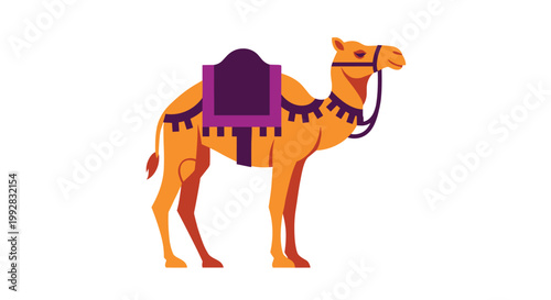 A colorful stylized camel with a purple saddle and bridle stands in profile rendered in shades of orange and brown.
