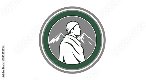 A circular logo displays the profile of a man in a kufi and shawl with two stylized mountains in the background framed by green and gray rings on a white canvas.