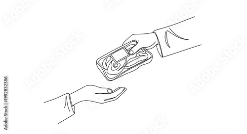 A continuous line art illustration shows one hand offering a packaged tray of meat to another open receiving hand on a clean white background.