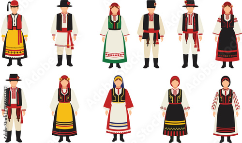 Traditional folk costume collection with men and women wearing cultural clothing, ethnic dress illustration set for heritage, festival and regional identity design