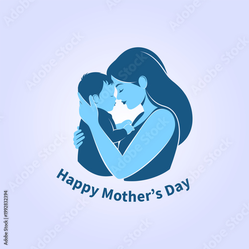 Blue mother and son silhouette illustration for happy mothers day greeting card design on soft light blue background professional vector art for holiday branding and promotional material.